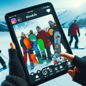 Snowboarder on the mountain connecting with friends on social media using a tablet