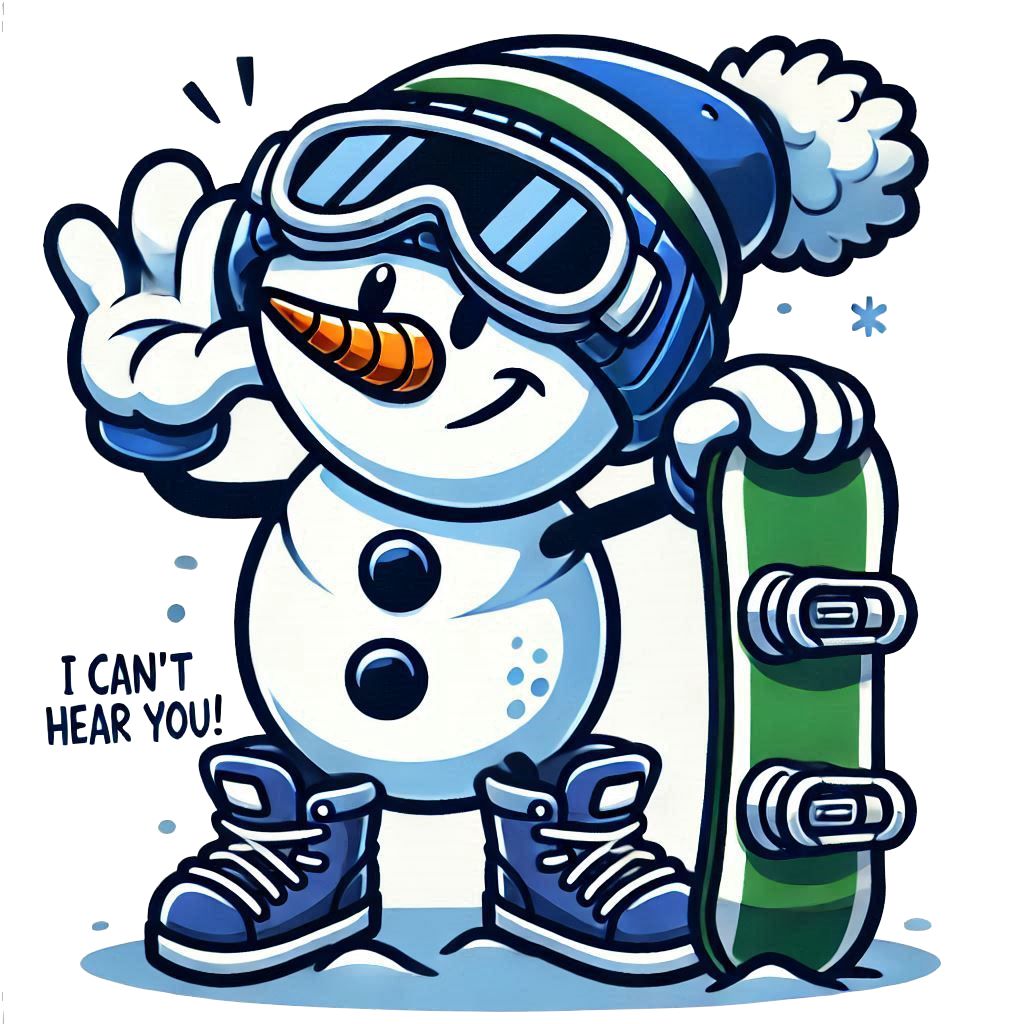 Frosty is holding his hand to his ear as if "I can't hear you!" from a pep rally.