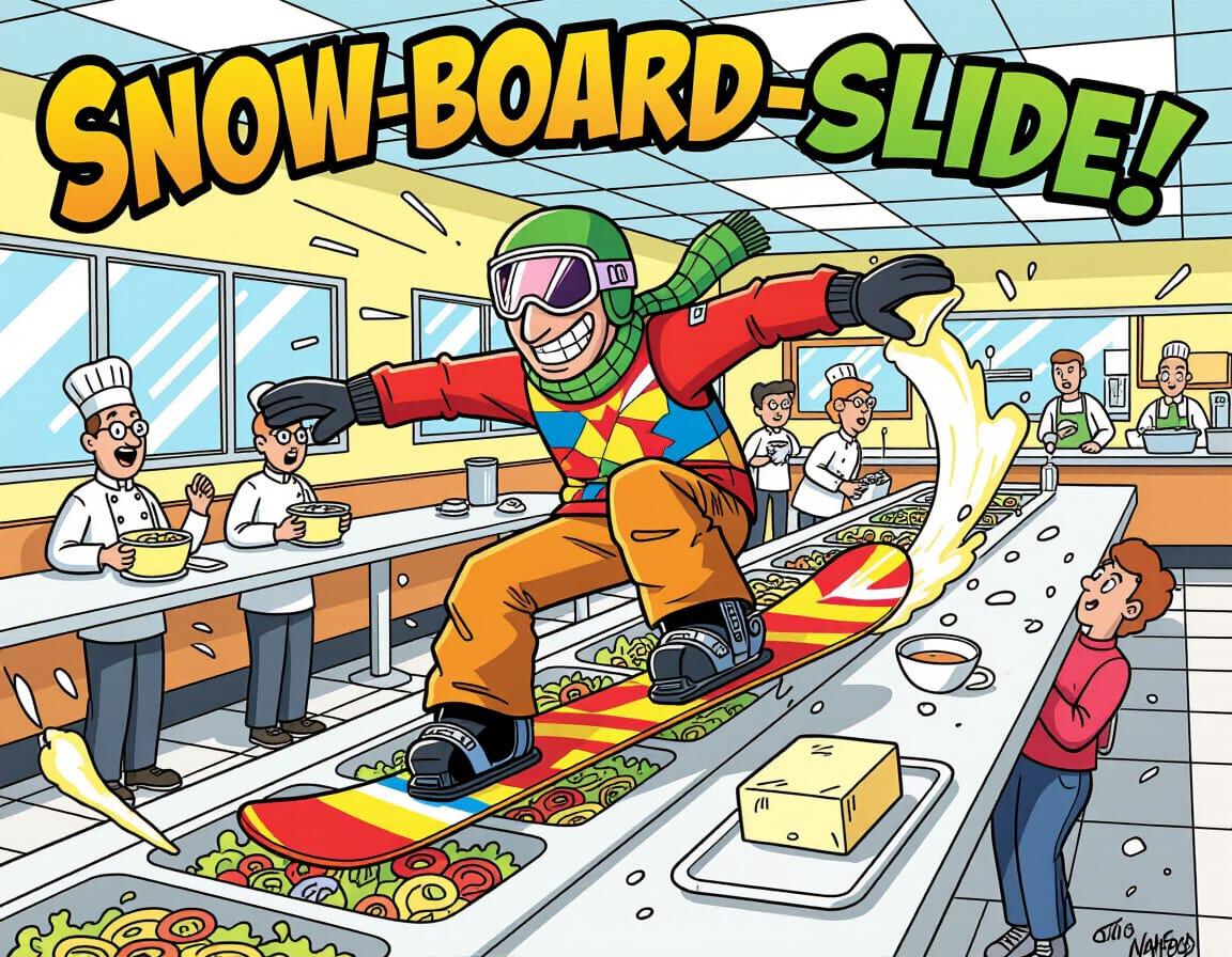 Snowboarder rail-sliding salad bar